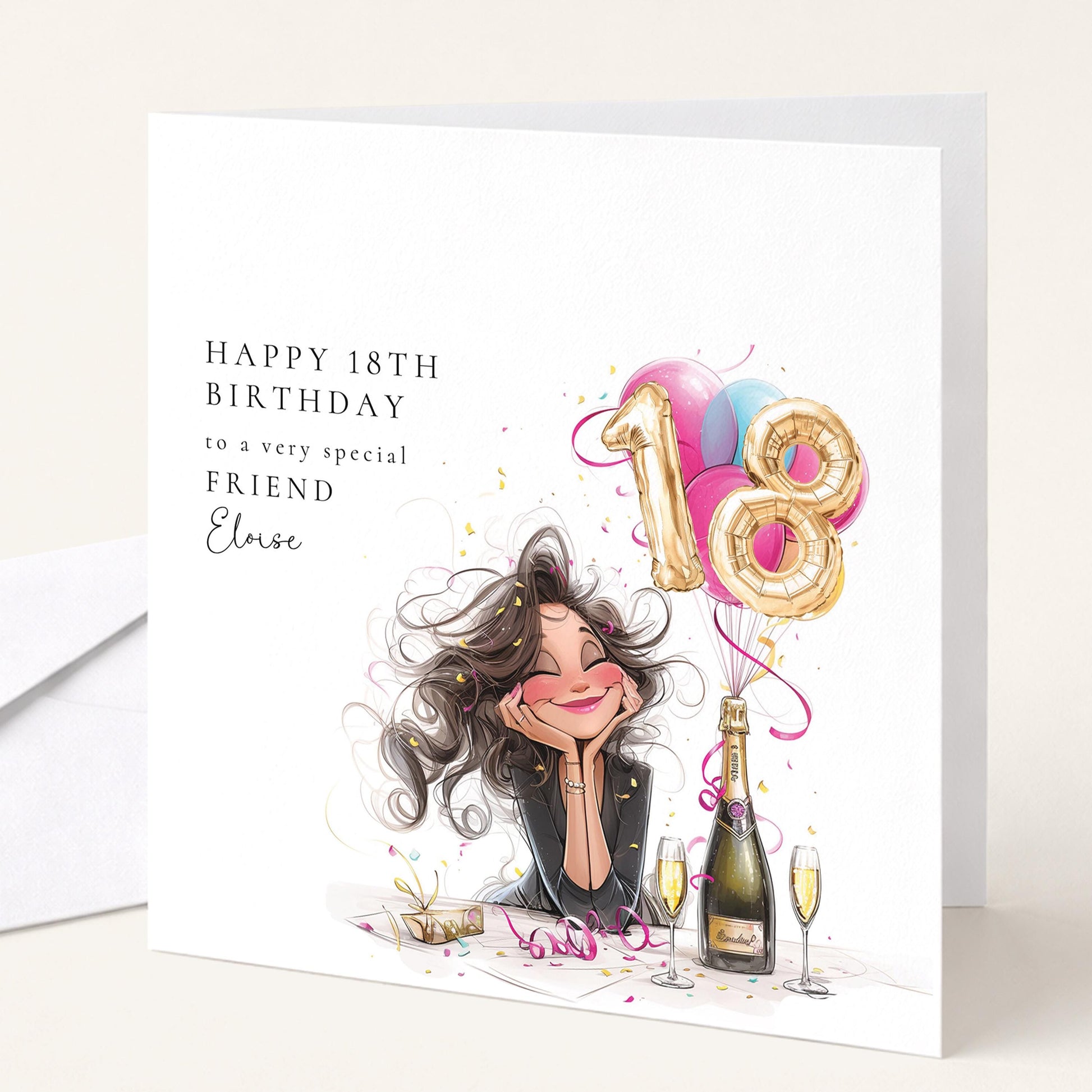 18th Birthday Card for Friend, Happy 18th Birthday Friend Card with Champagne and Balloons, Personalised Birthday Card