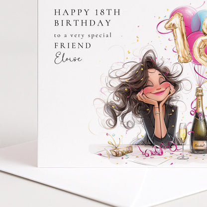 18th Birthday Card for Friend, Happy 18th Birthday Friend Card with Champagne and Balloons, Personalised Birthday Card
