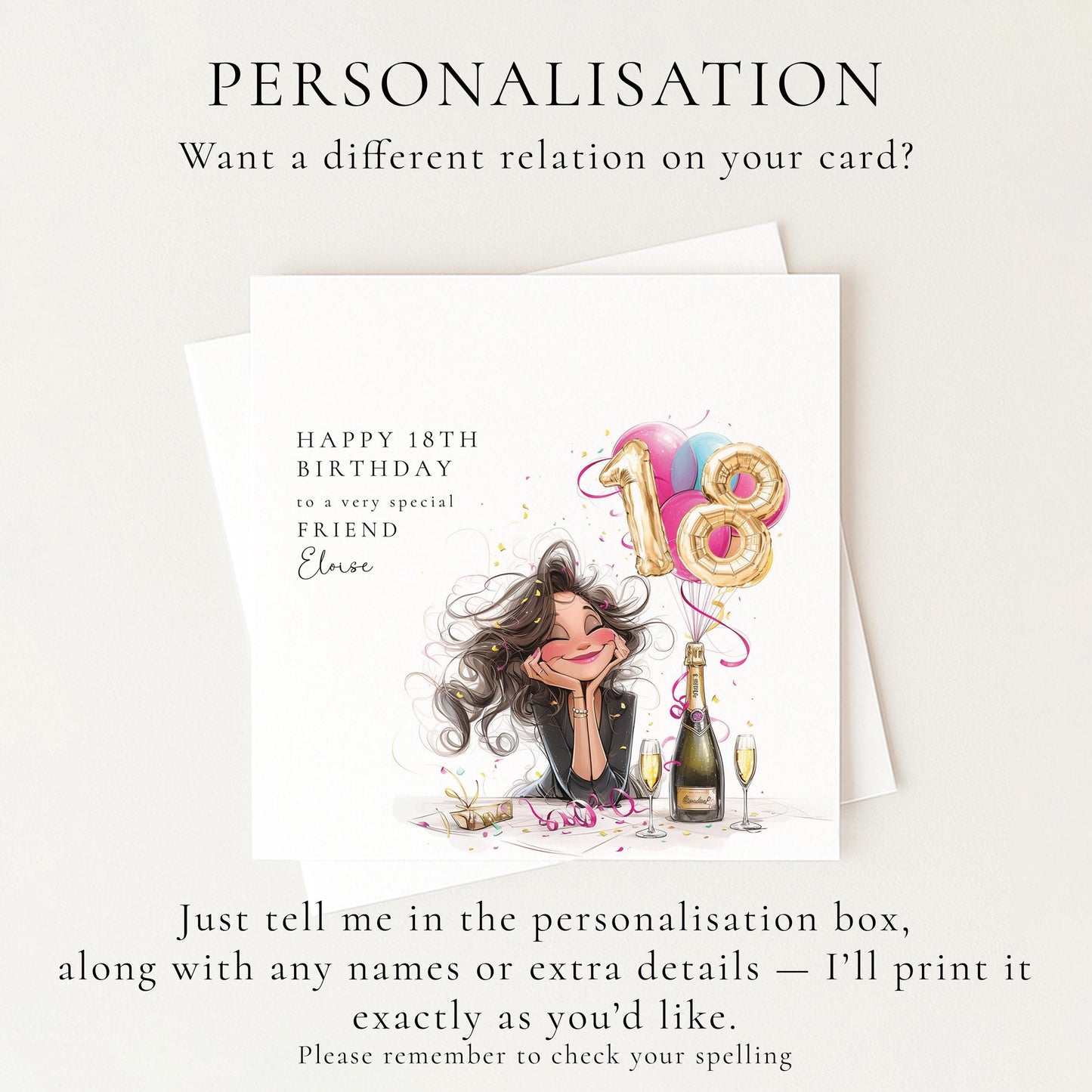 18th Birthday Card for Friend, Happy 18th Birthday Friend Card with Champagne and Balloons, Personalised Birthday Card