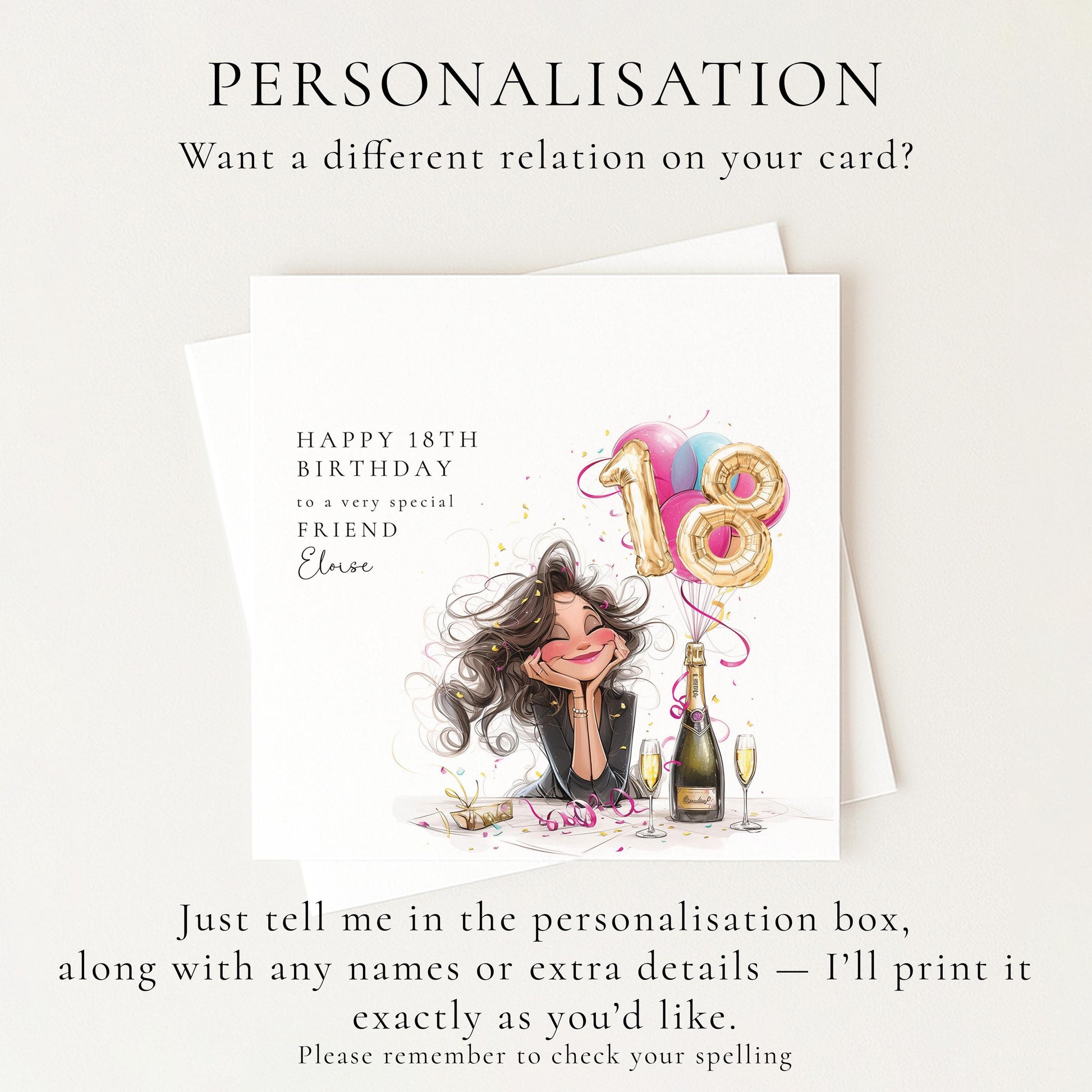 18th Birthday Card for Friend, Happy 18th Birthday Friend Card with Champagne and Balloons, Personalised Birthday Card