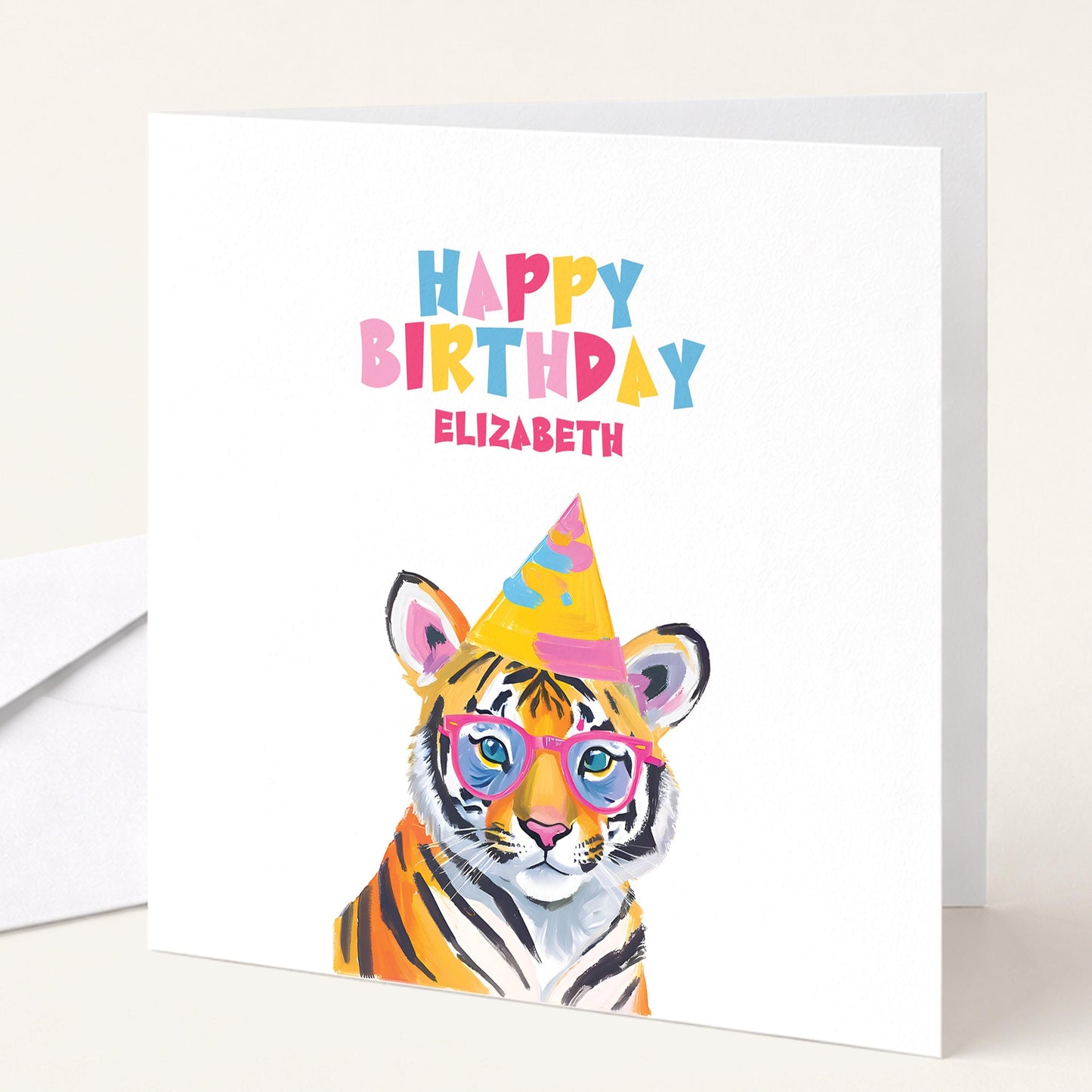 Personalised Tiger Birthday Card, Cute Animal Happy Birthday Card for Kids, Colourful Jungle Party Card for Child
