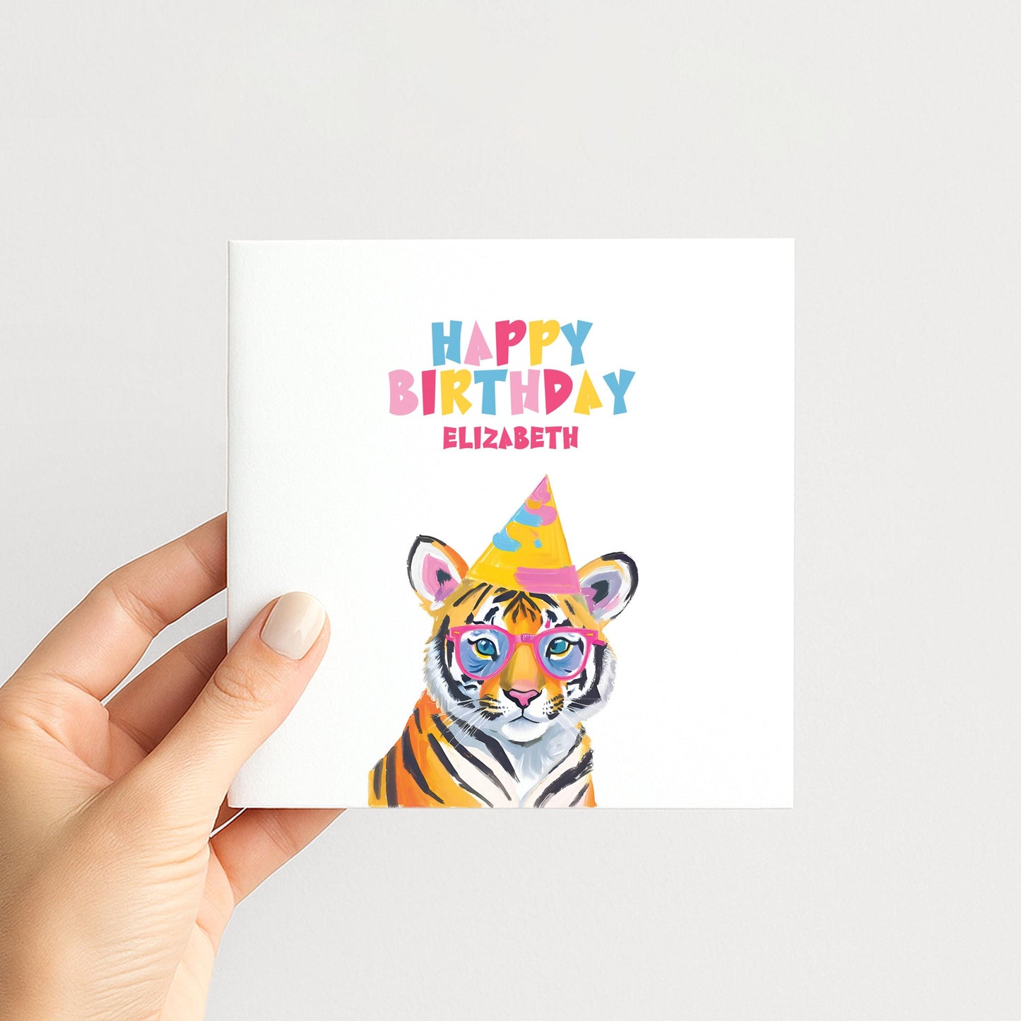 Personalised Tiger Birthday Card, Cute Animal Happy Birthday Card for Kids, Colourful Jungle Party Card for Child