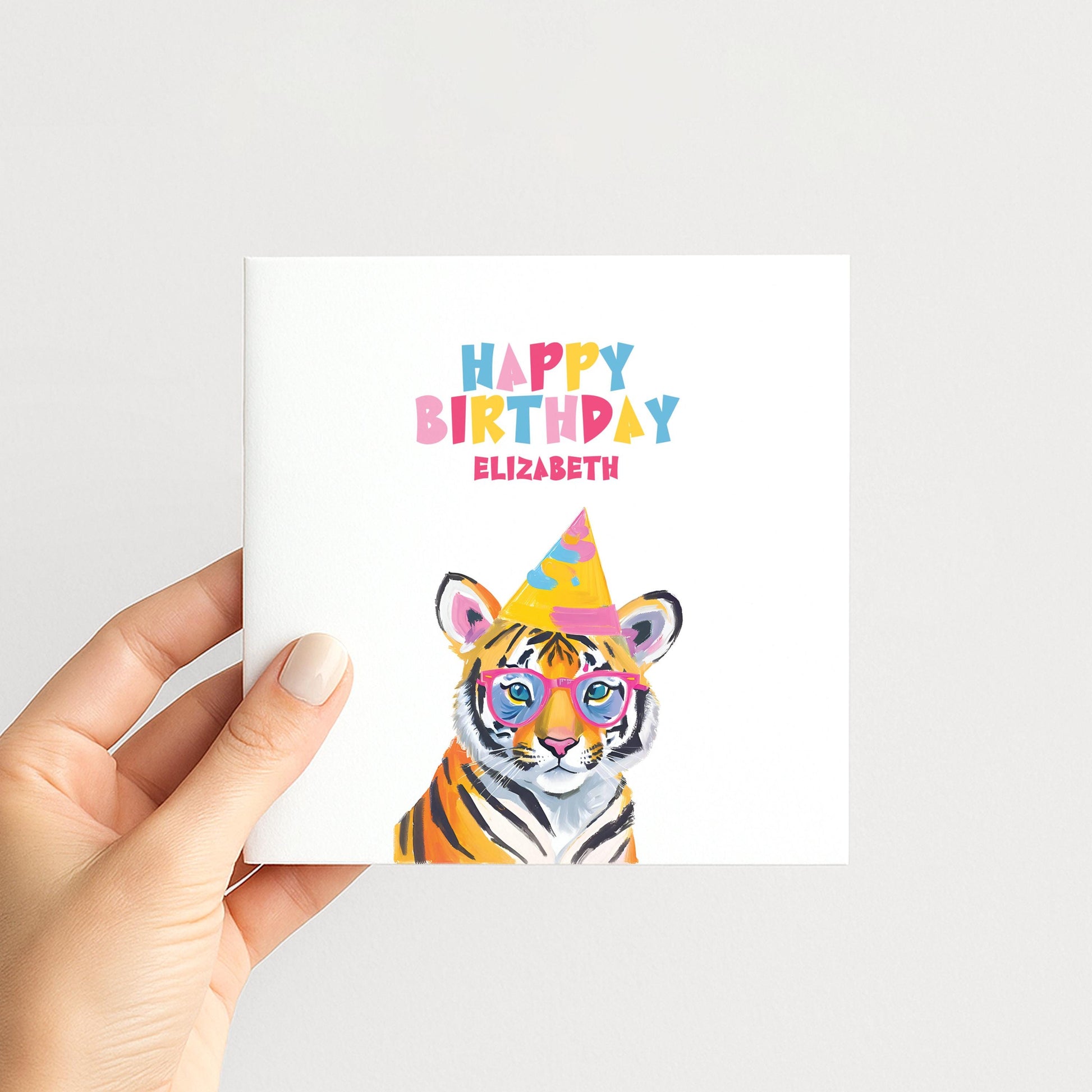 Personalised Tiger Birthday Card, Cute Animal Happy Birthday Card for Kids, Colourful Jungle Party Card for Child