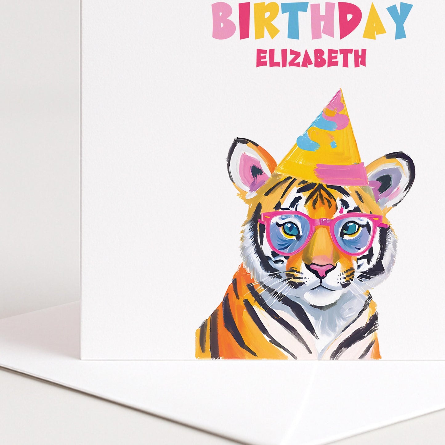 Personalised Tiger Birthday Card, Cute Animal Happy Birthday Card for Kids, Colourful Jungle Party Card for Child