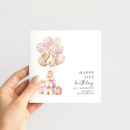 21st Birthday Card for Daughter, Happy 21st Birthday Card with Balloons and Gifts, Personalised Birthday Card for Daughter