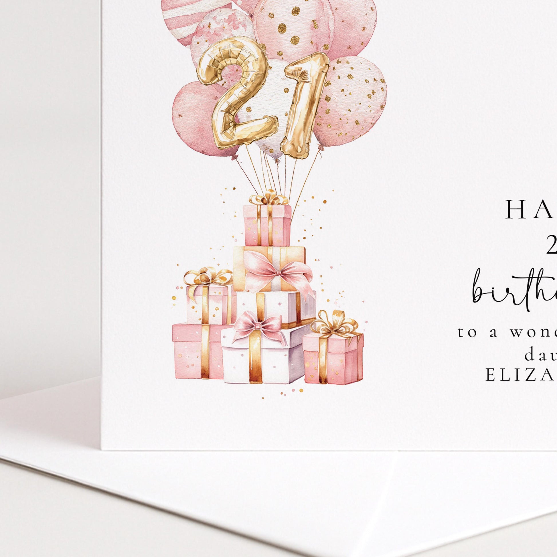 21st Birthday Card for Daughter, Happy 21st Birthday Card with Balloons and Gifts, Personalised Birthday Card for Daughter