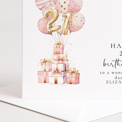 21st Birthday Card for Daughter, Happy 21st Birthday Card with Balloons and Gifts, Personalised Birthday Card for Daughter