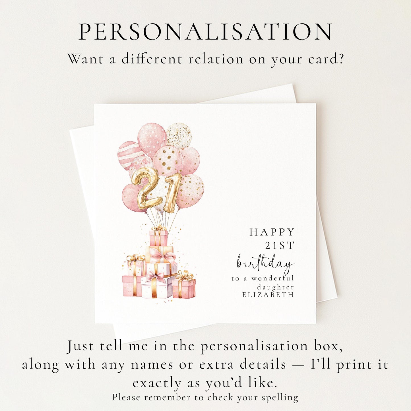 21st Birthday Card for Daughter, Happy 21st Birthday Card with Balloons and Gifts, Personalised Birthday Card for Daughter