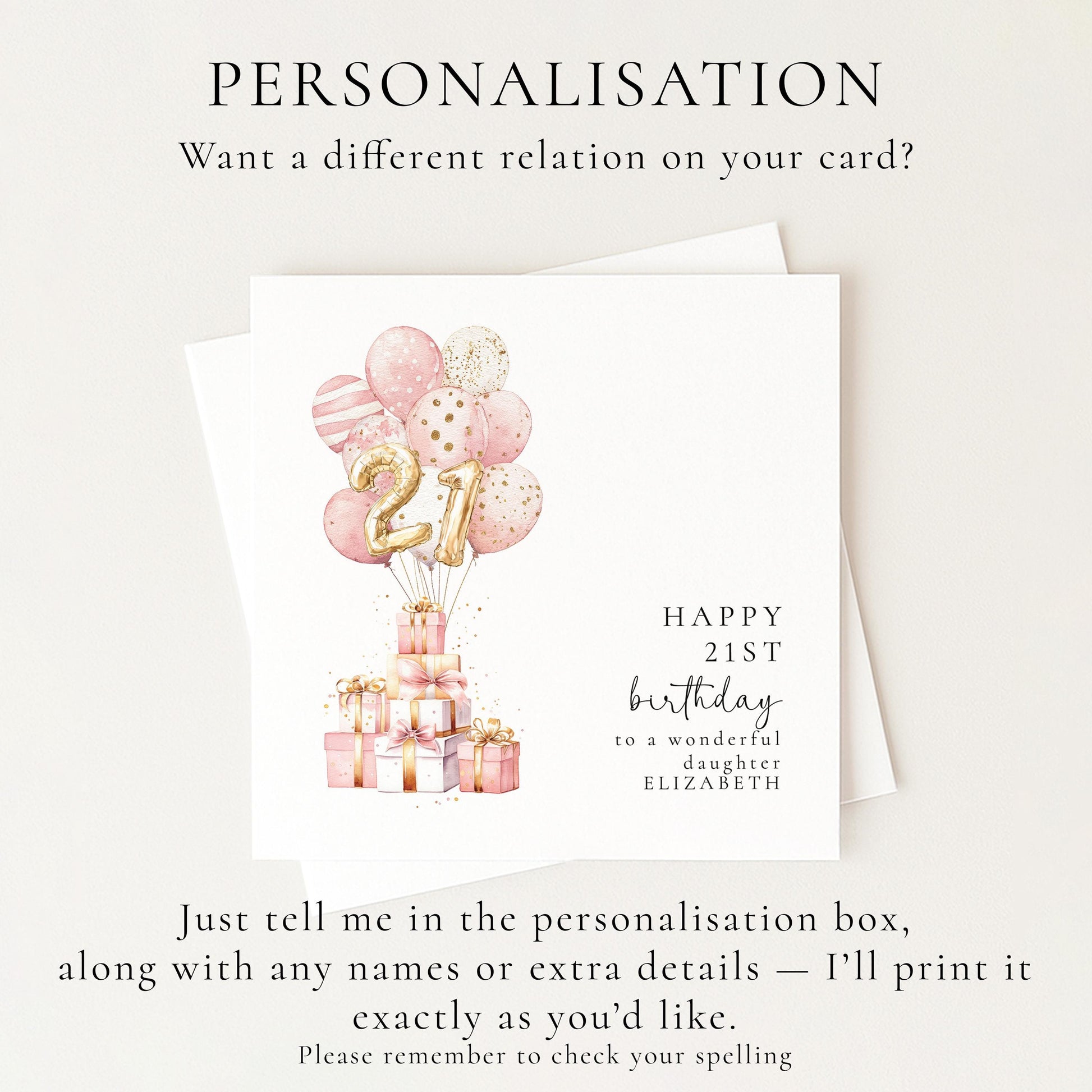 21st Birthday Card for Daughter, Happy 21st Birthday Card with Balloons and Gifts, Personalised Birthday Card for Daughter