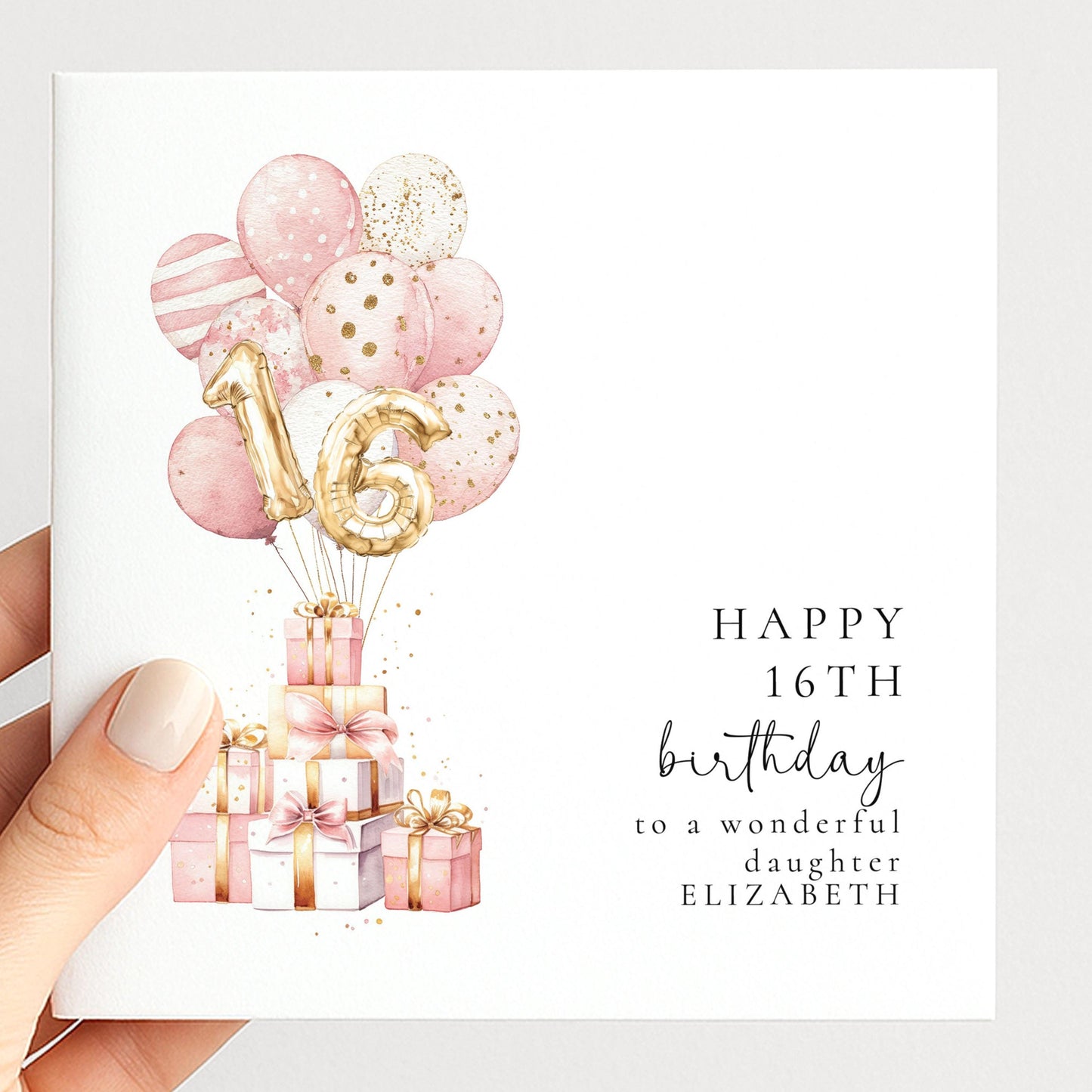16th Birthday Card for Daughter, Happy 16th Birthday Card with Balloons and Gifts, Personalised Birthday Card for Daughter