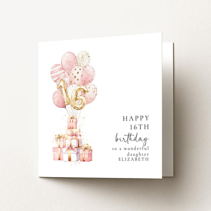 16th Birthday Card for Daughter, Happy 16th Birthday Card with Balloons and Gifts, Personalised Birthday Card for Daughter