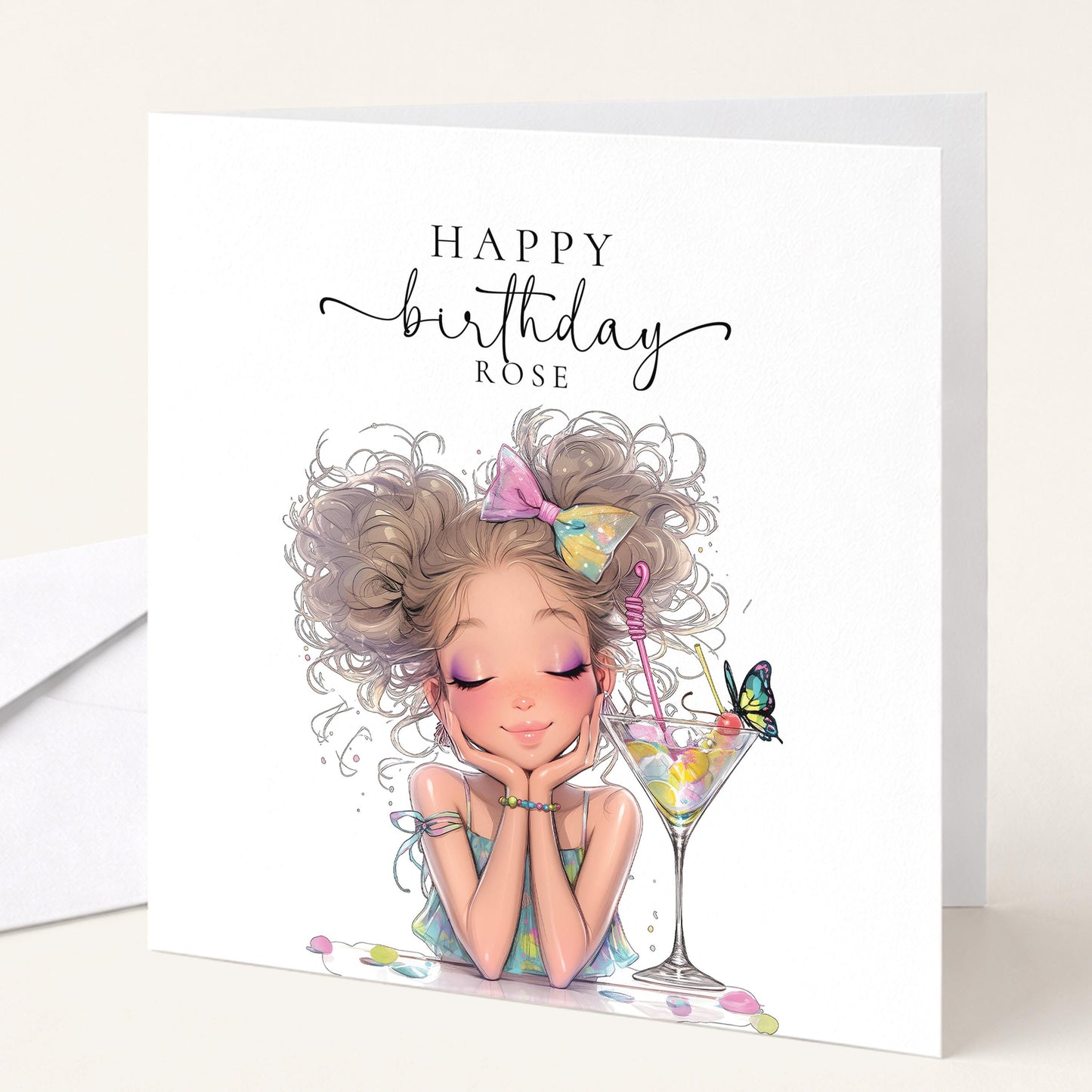 Personalised Birthday Card for Her, Cute Birthday Girl Card, Pretty Cocktail Birthday Card