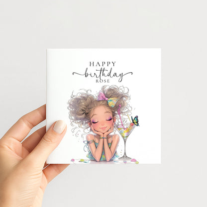 Personalised Birthday Card for Her, Cute Birthday Girl Card, Pretty Cocktail Birthday Card