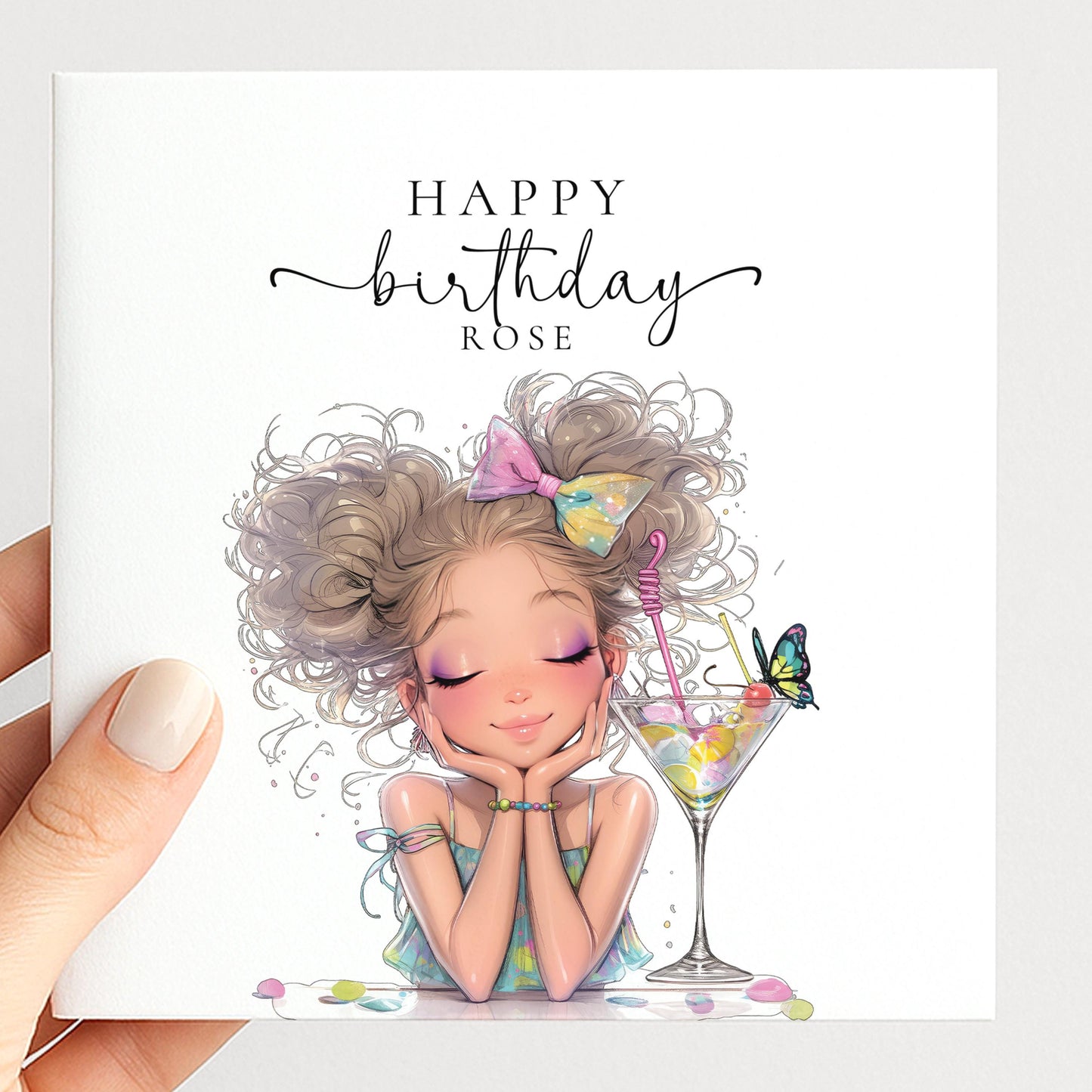 Personalised Birthday Card for Her, Cute Birthday Girl Card, Pretty Cocktail Birthday Card