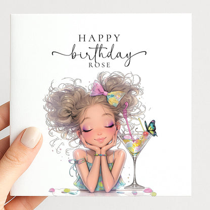 Personalised Birthday Card for Her, Cute Birthday Girl Card, Pretty Cocktail Birthday Card