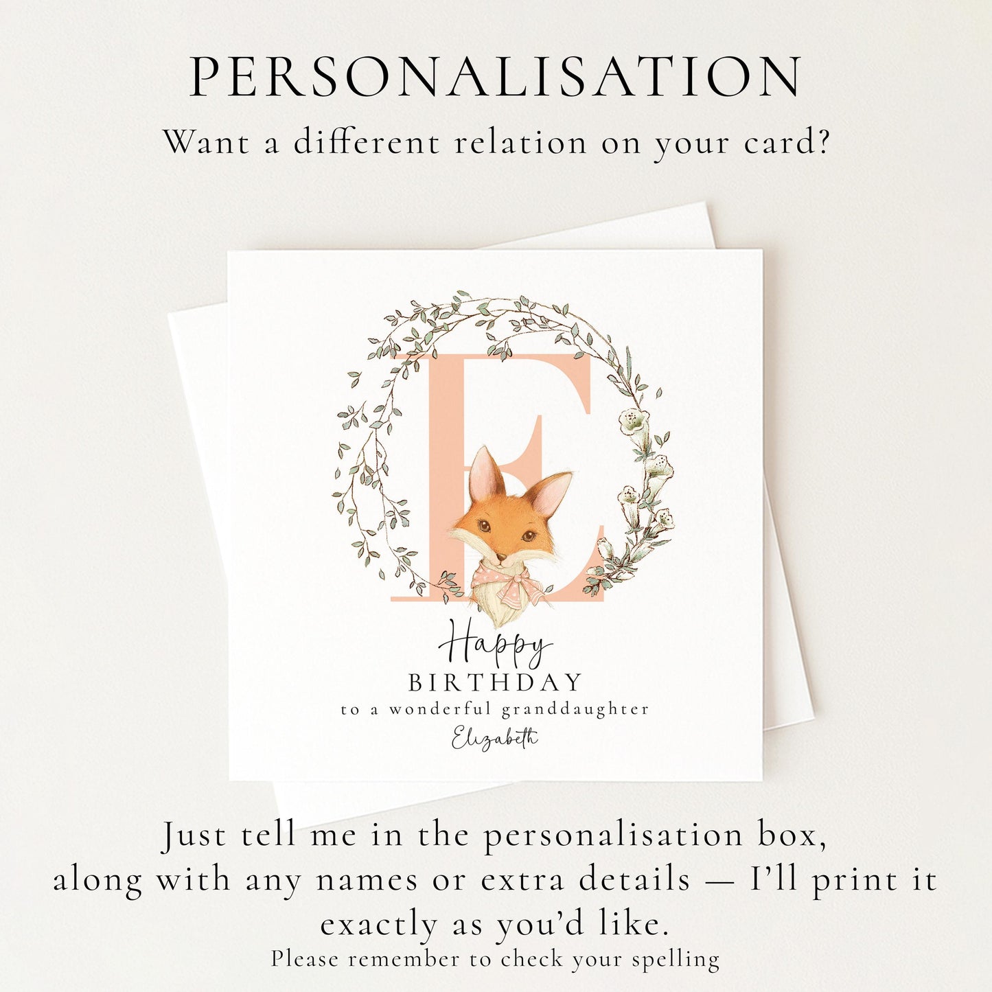 Granddaughter Birthday Card, Happy Birthday Granddaughter Card with Initial and Fox Design, Personalised Birthday Card