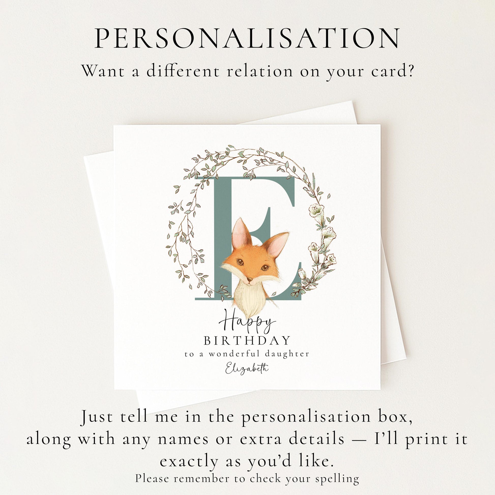 Daughter Birthday Card, Happy Birthday Daughter Card with Initial and Fox Design, Personalised Birthday Card