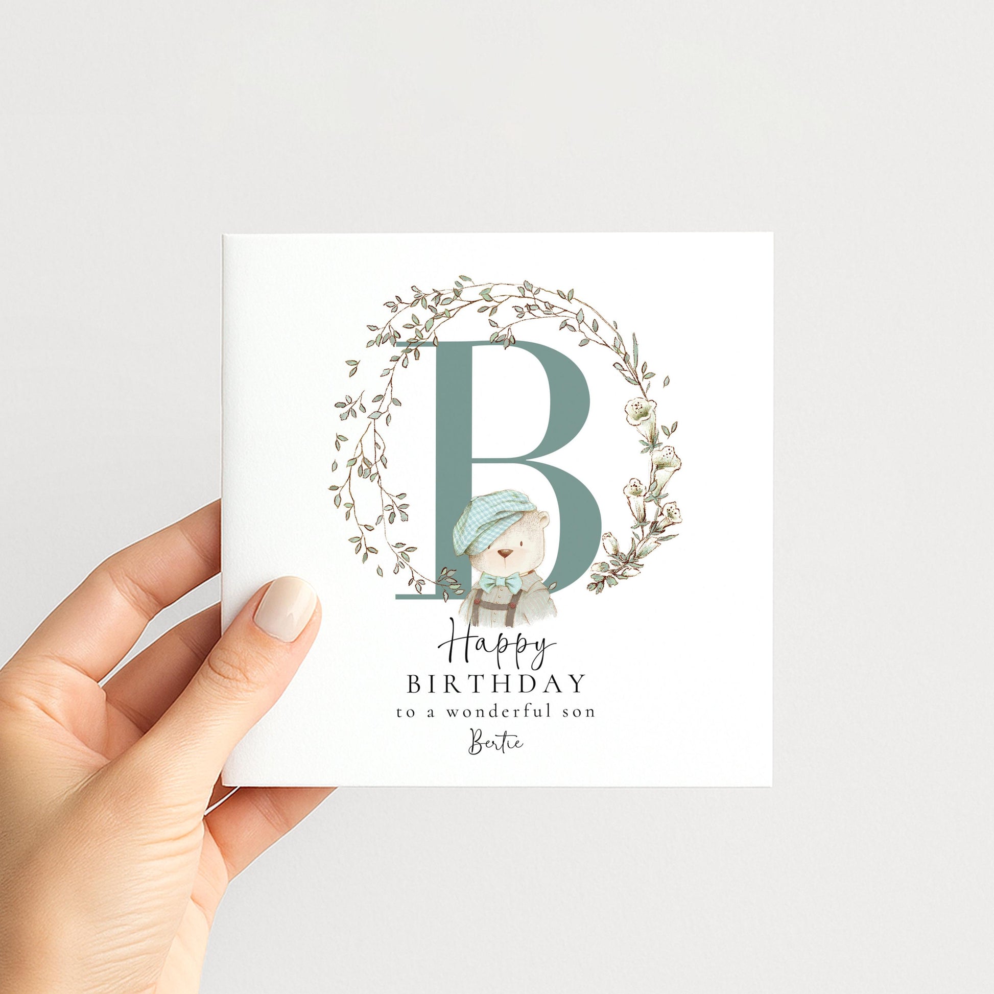 Son Birthday Card, Happy Birthday Son Card with Initial and Bear Design, Personalised Birthday Card