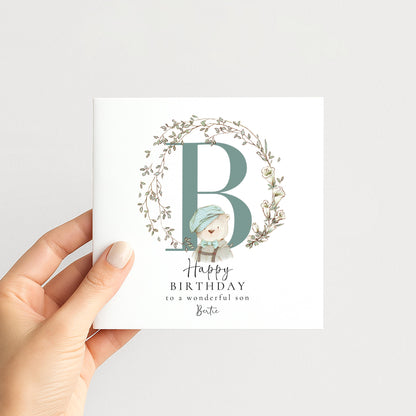 Son Birthday Card, Happy Birthday Son Card with Initial and Bear Design, Personalised Birthday Card