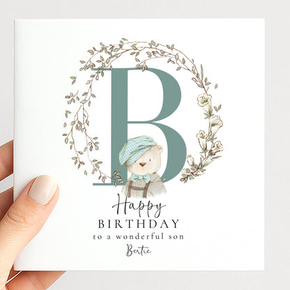 Son Birthday Card, Happy Birthday Son Card with Initial and Bear Design, Personalised Birthday Card