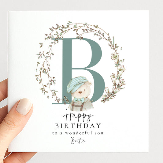 Son Birthday Card, Happy Birthday Son Card with Initial and Bear Design, Personalised Birthday Card