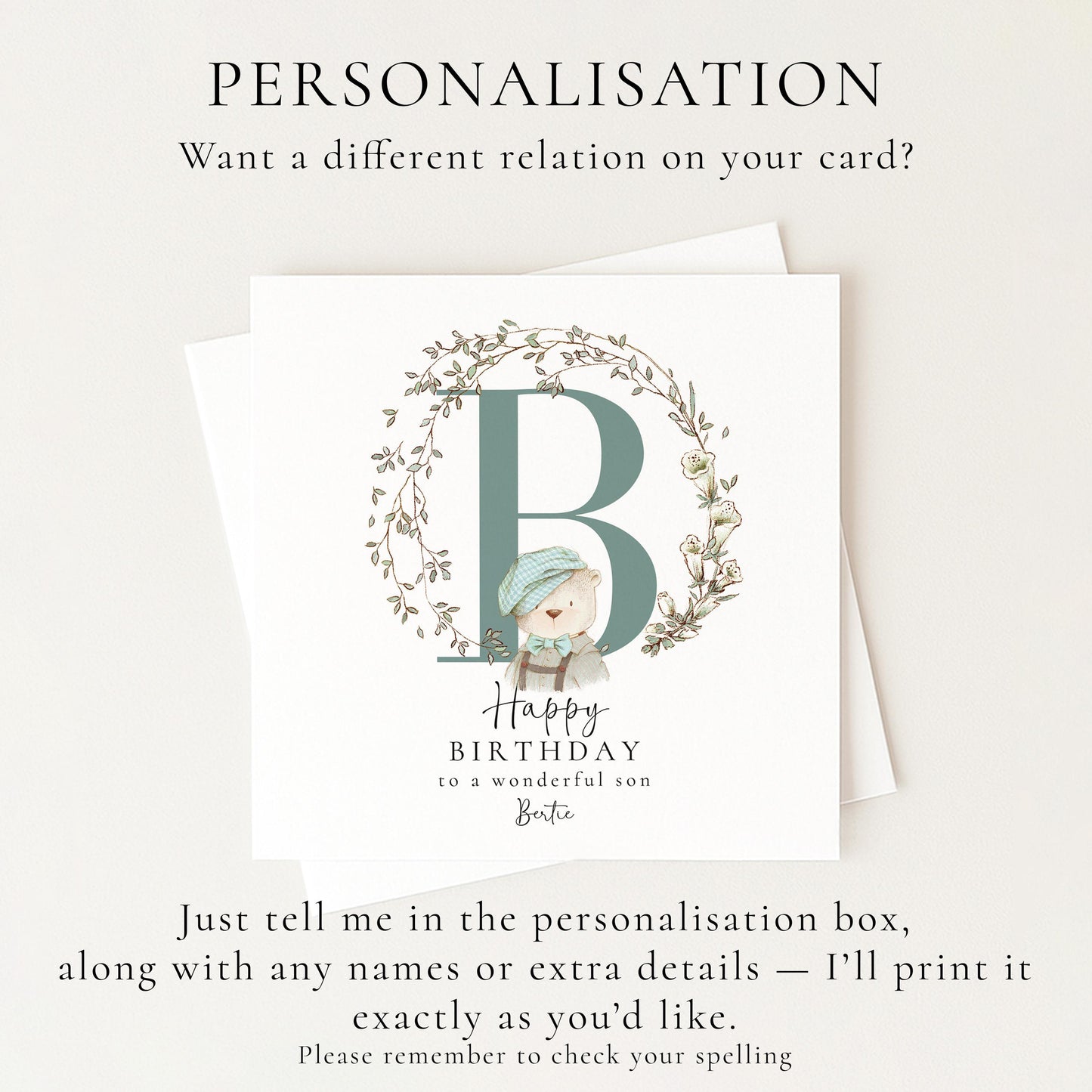 Son Birthday Card, Happy Birthday Son Card with Initial and Bear Design, Personalised Birthday Card