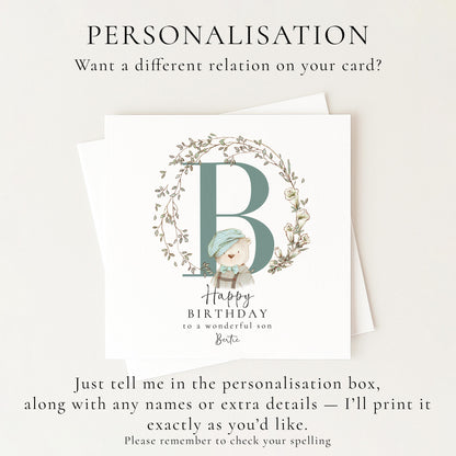 Son Birthday Card, Happy Birthday Son Card with Initial and Bear Design, Personalised Birthday Card