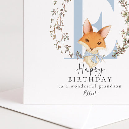 Grandson Birthday Card, Happy Birthday Grandson Card with Initial and Fox Design, Personalised Birthday Card