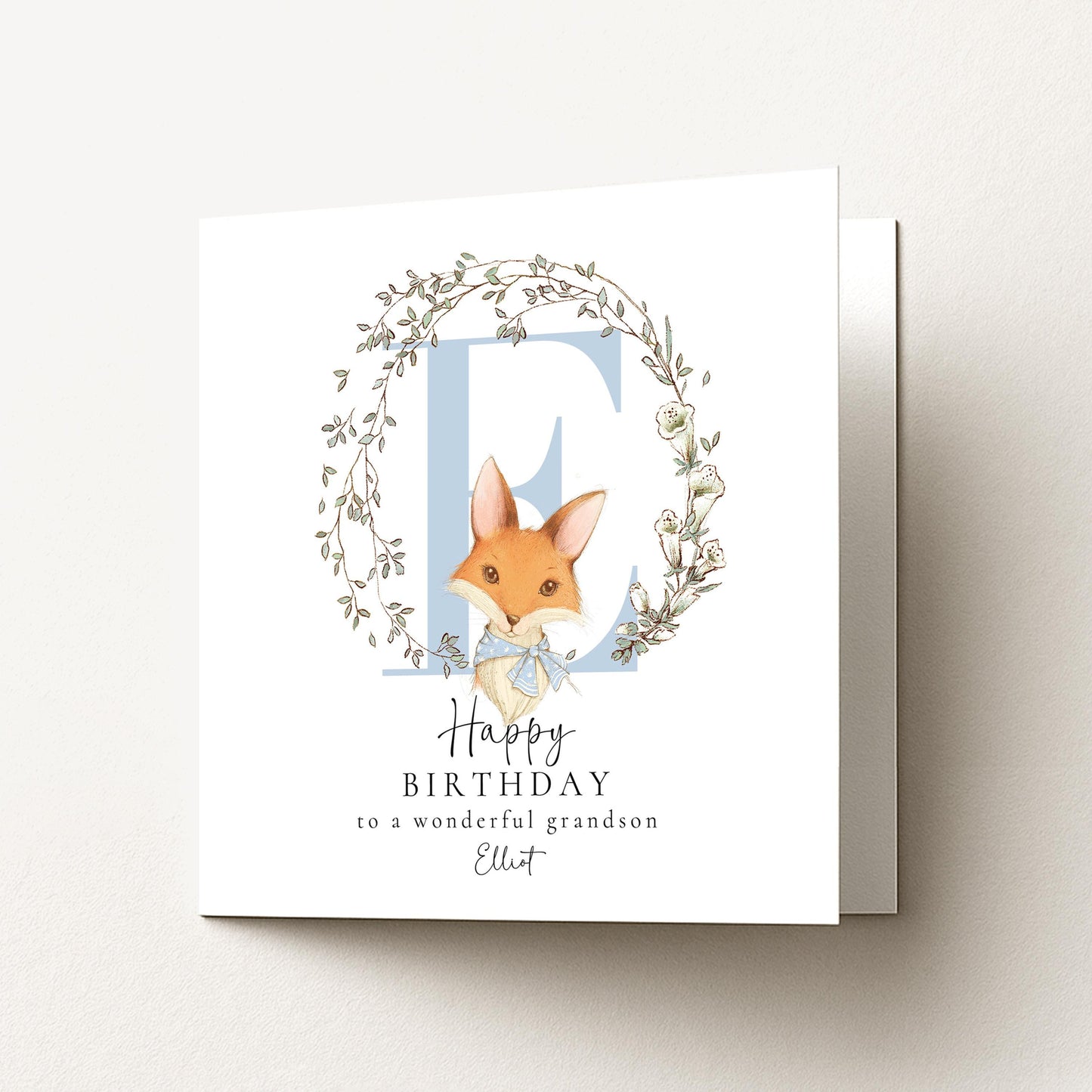Grandson Birthday Card, Happy Birthday Grandson Card with Initial and Fox Design, Personalised Birthday Card