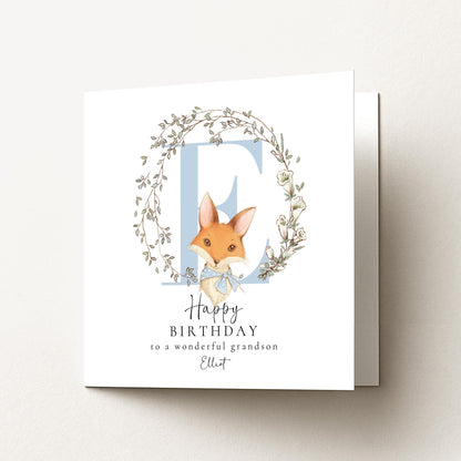 Grandson Birthday Card, Happy Birthday Grandson Card with Initial and Fox Design, Personalised Birthday Card