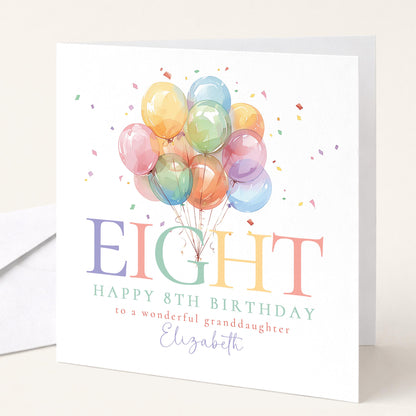 8th Birthday Card for Granddaughter, Happy 8th Birthday Granddaughter Card with Balloons, Personalised Birthday Card