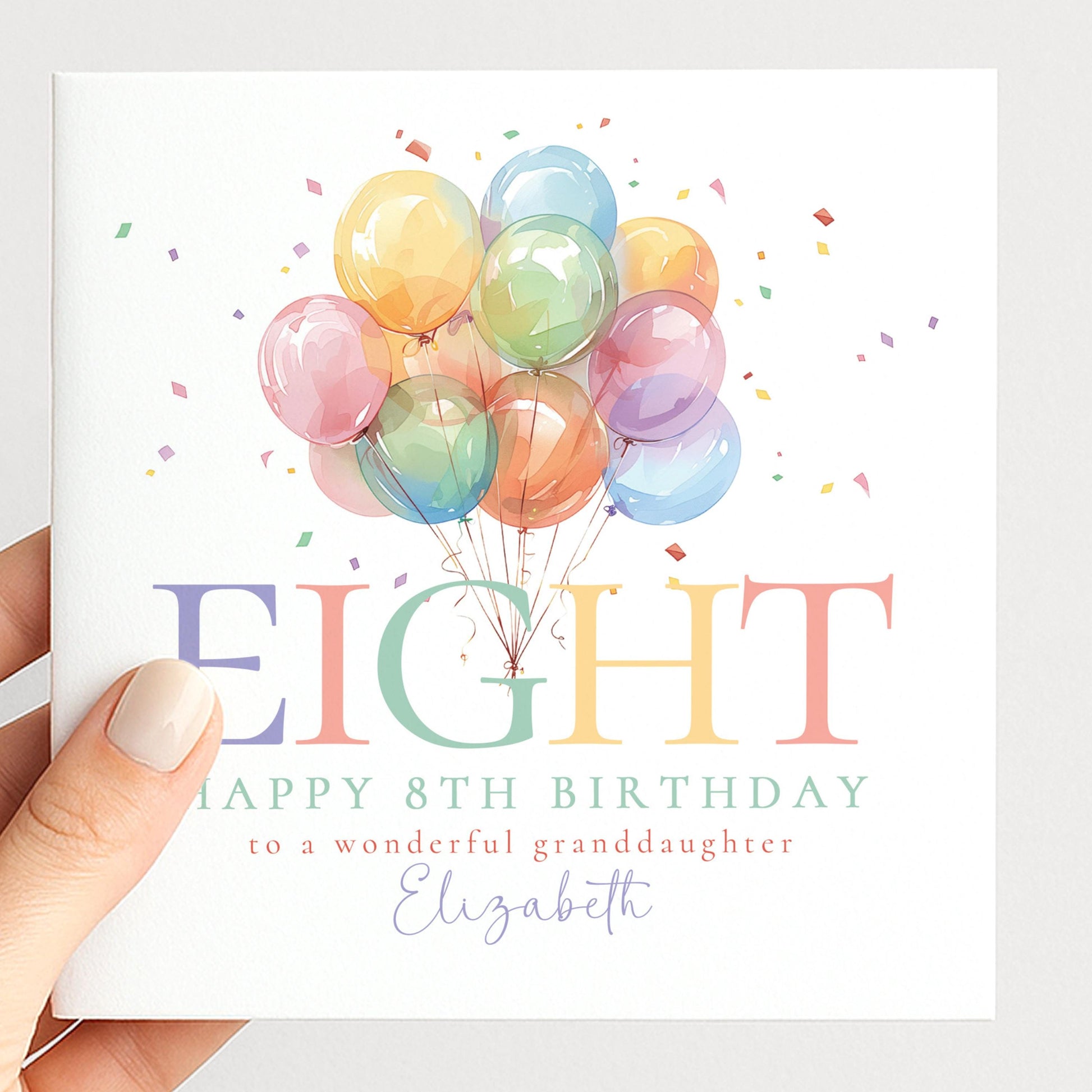 8th Birthday Card for Granddaughter, Happy 8th Birthday Granddaughter Card with Balloons, Personalised Birthday Card