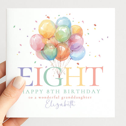 8th Birthday Card for Granddaughter, Happy 8th Birthday Granddaughter Card with Balloons, Personalised Birthday Card