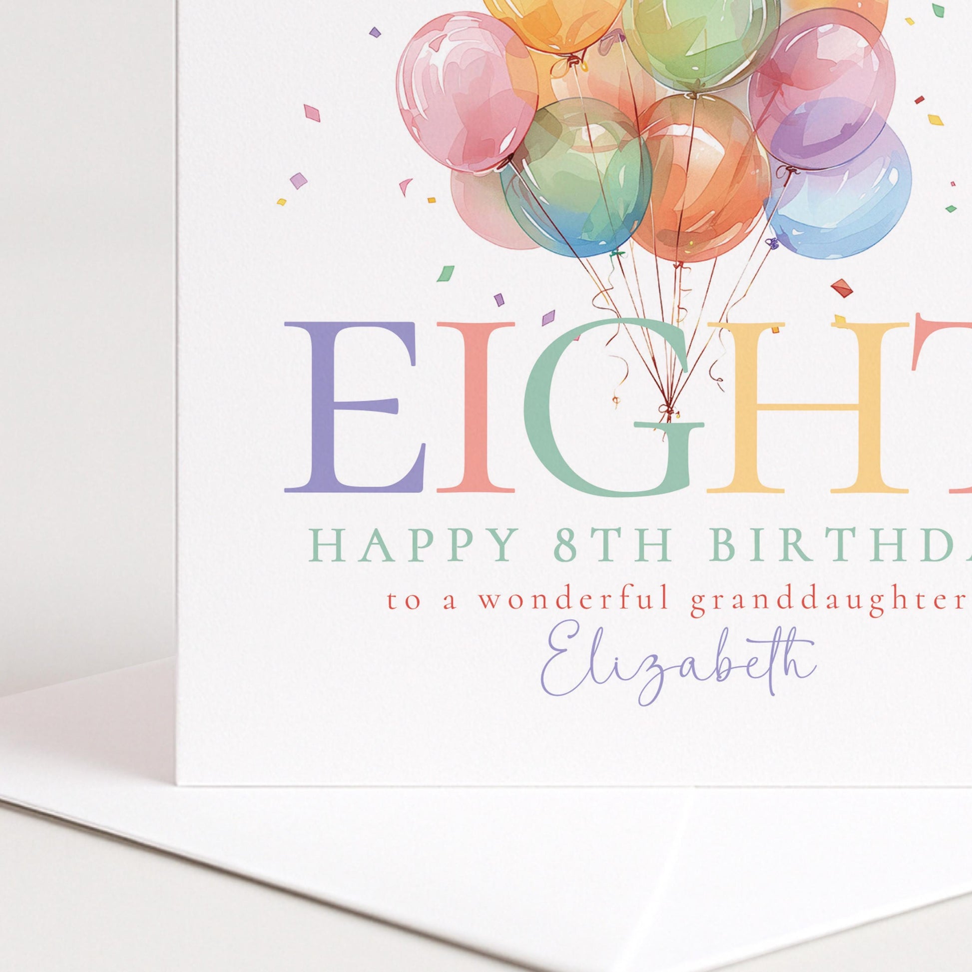8th Birthday Card for Granddaughter, Happy 8th Birthday Granddaughter Card with Balloons, Personalised Birthday Card