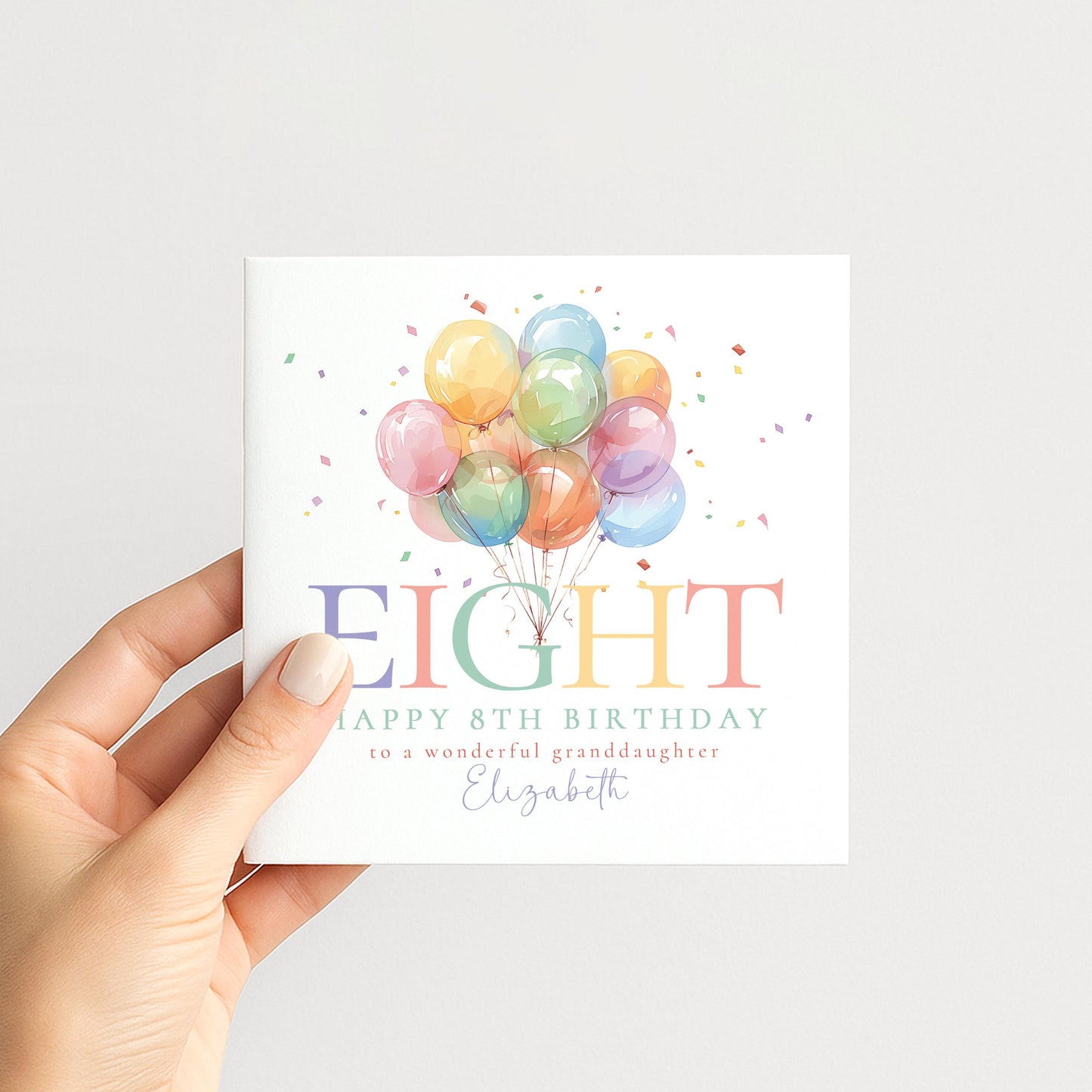 8th Birthday Card for Granddaughter, Happy 8th Birthday Granddaughter Card with Balloons, Personalised Birthday Card