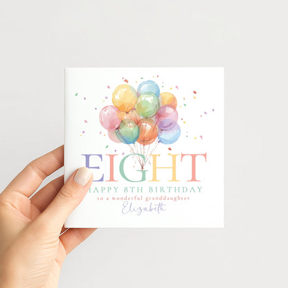 8th Birthday Card for Granddaughter, Happy 8th Birthday Granddaughter Card with Balloons, Personalised Birthday Card