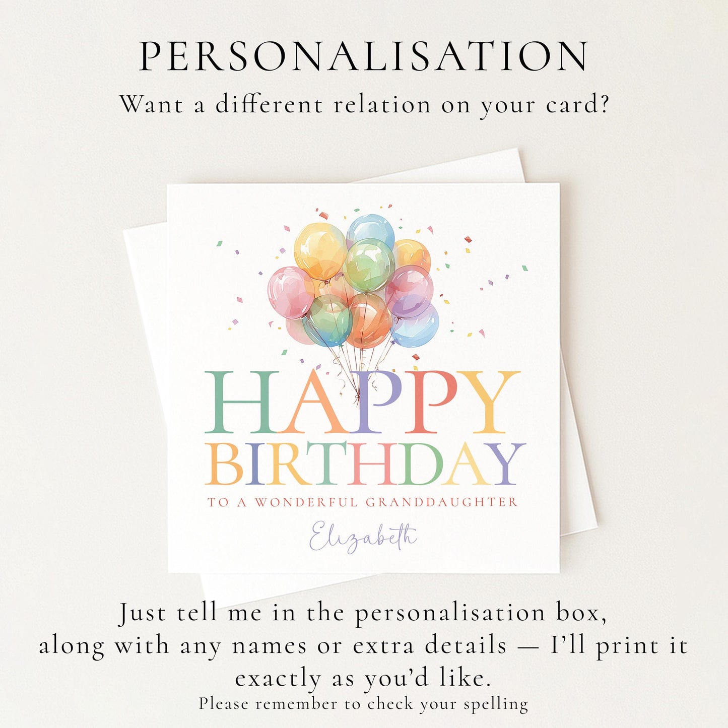 Granddaughter Birthday Card, Happy Birthday Granddaughter Card with Balloons, Personalised Birthday Card