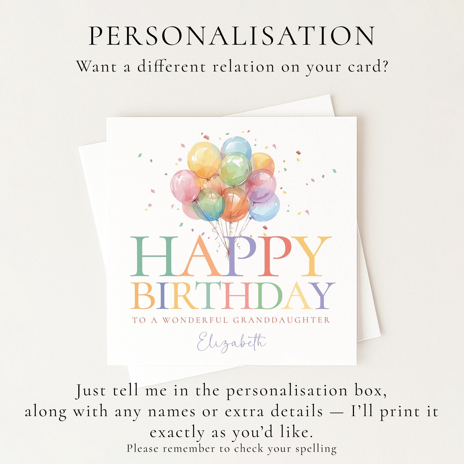 Granddaughter Birthday Card, Happy Birthday Granddaughter Card with Balloons, Personalised Birthday Card