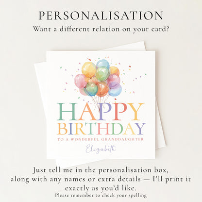 Granddaughter Birthday Card, Happy Birthday Granddaughter Card with Balloons, Personalised Birthday Card