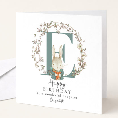 Daughter Birthday Card, Happy Birthday Daughter Card with Initial and Rabbit Design, Personalised Birthday Card