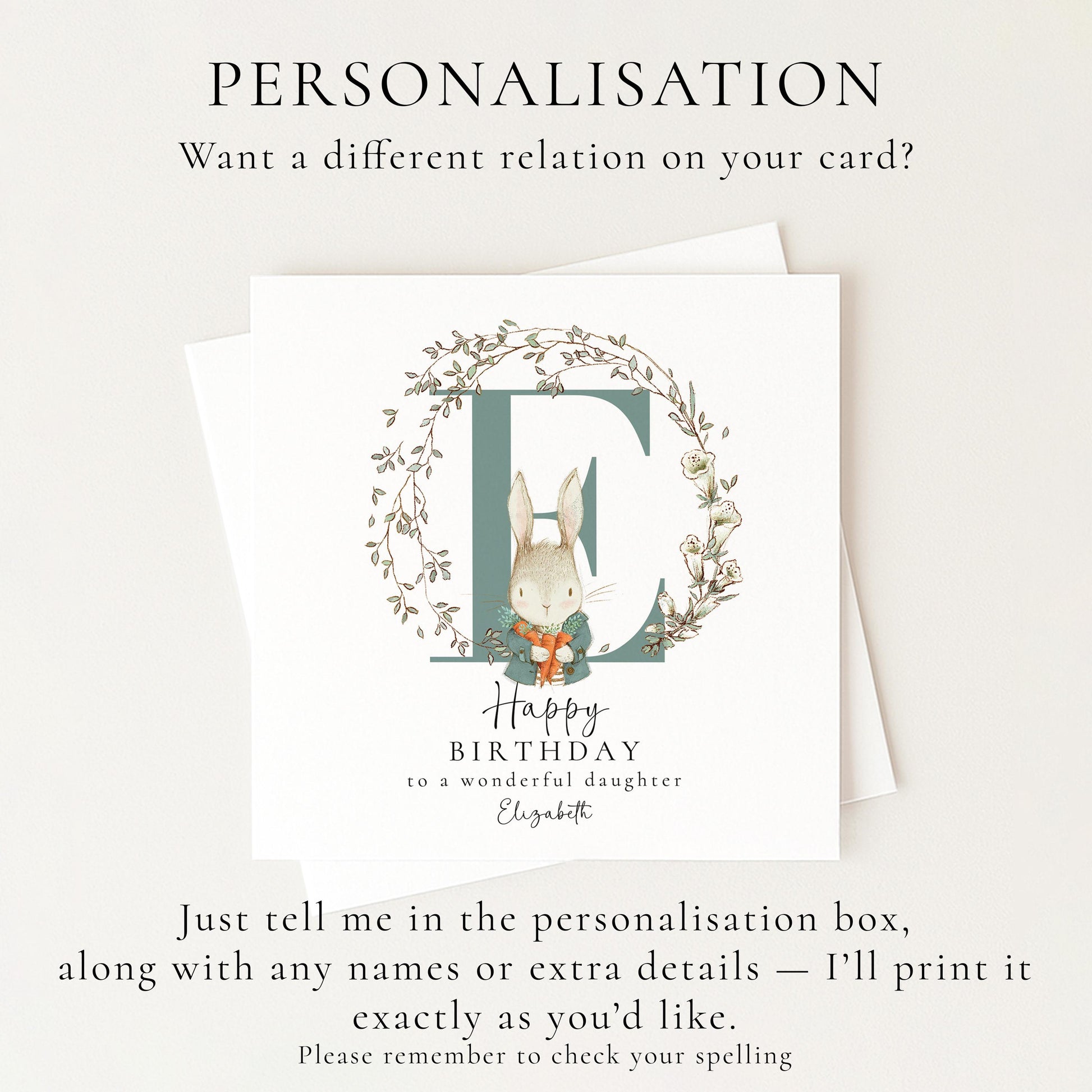 Daughter Birthday Card, Happy Birthday Daughter Card with Initial and Rabbit Design, Personalised Birthday Card