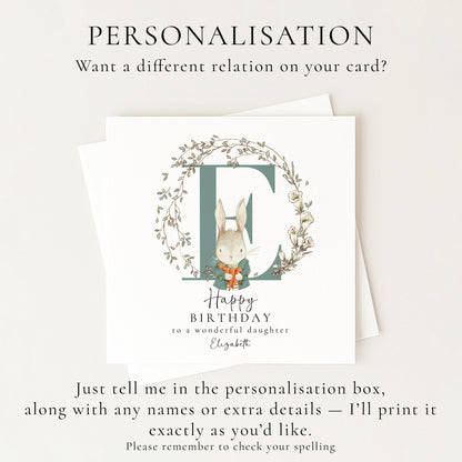 Daughter Birthday Card, Happy Birthday Daughter Card with Initial and Rabbit Design, Personalised Birthday Card