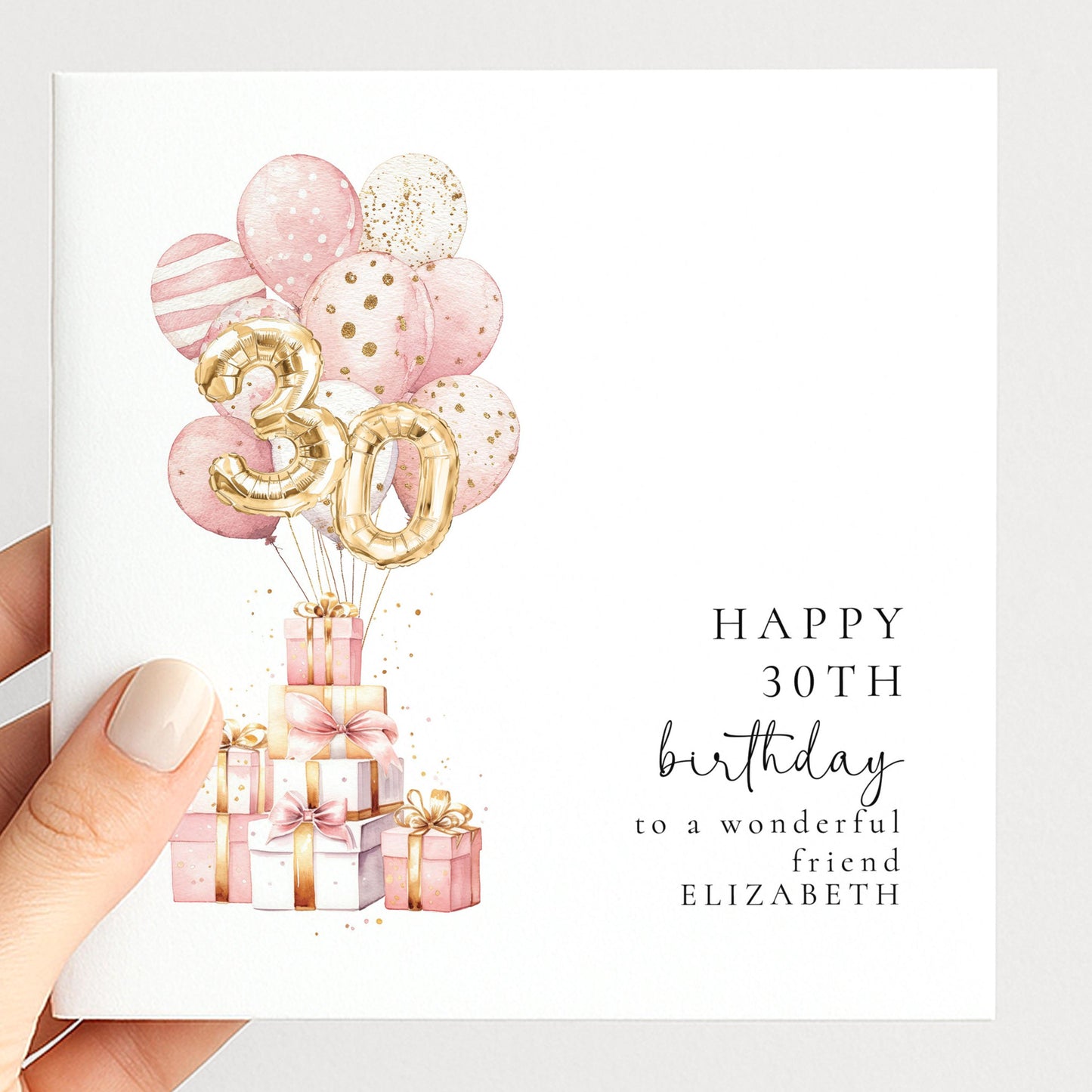 30th Birthday Card for Friend, Happy 30th Birthday Card with Balloons and Gifts, Personalised Birthday Card for Friend