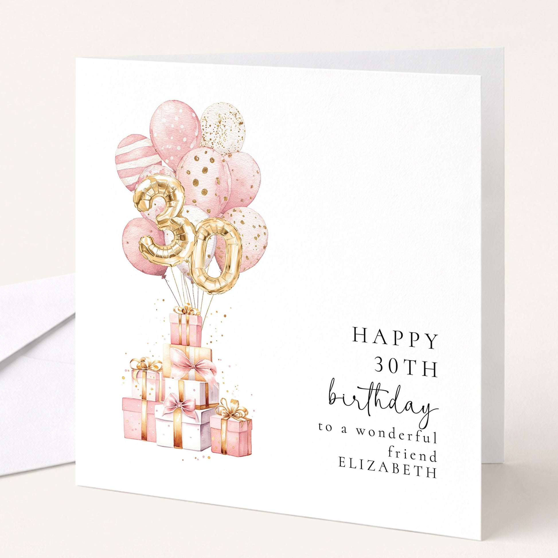 30th Birthday Card for Friend, Happy 30th Birthday Card with Balloons and Gifts, Personalised Birthday Card for Friend