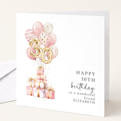 30th Birthday Card for Friend, Happy 30th Birthday Card with Balloons and Gifts, Personalised Birthday Card for Friend