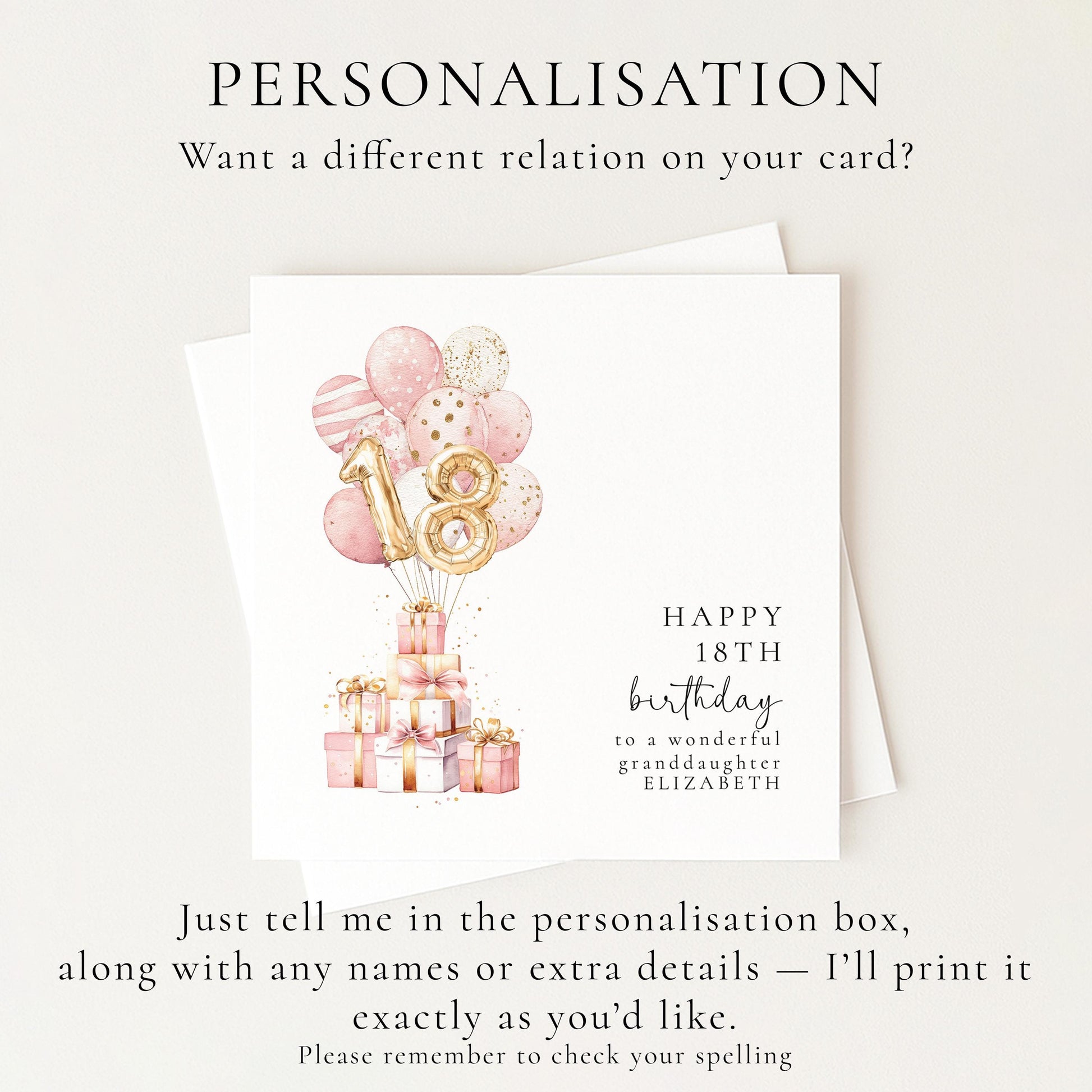 18th Birthday Card for Granddaughter, Happy 18th Birthday Card with Balloons and Gifts, Personalised Birthday Card for Granddaughter