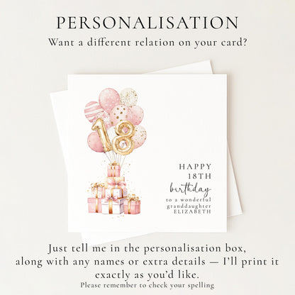 18th Birthday Card for Granddaughter, Happy 18th Birthday Card with Balloons and Gifts, Personalised Birthday Card for Granddaughter