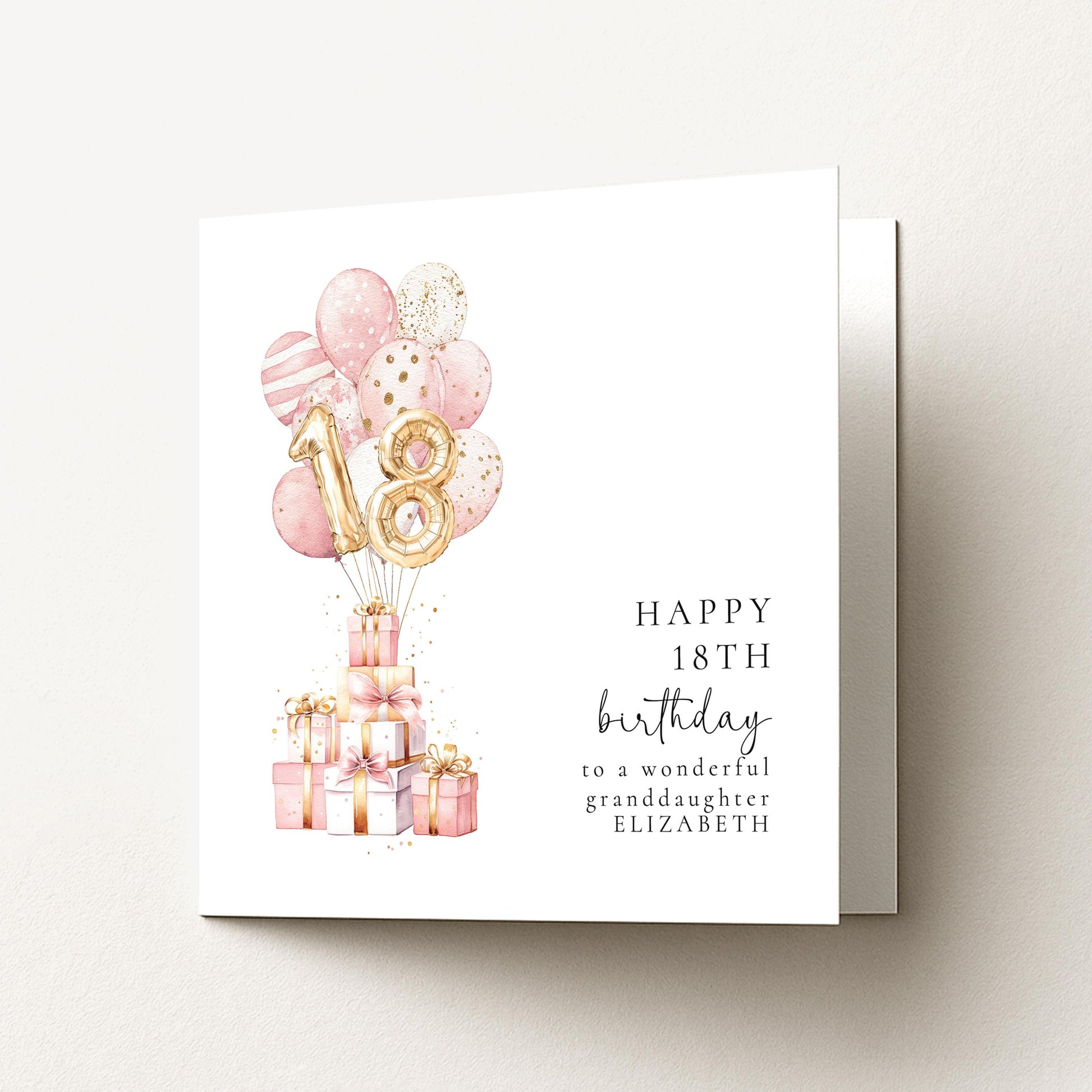 18th Birthday Card for Granddaughter, Happy 18th Birthday Card with Balloons and Gifts, Personalised Birthday Card for Granddaughter