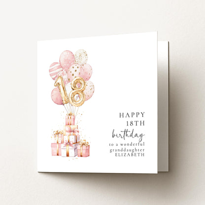 18th Birthday Card for Granddaughter, Happy 18th Birthday Card with Balloons and Gifts, Personalised Birthday Card for Granddaughter
