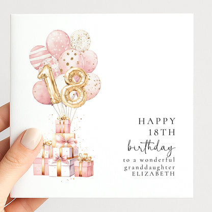 18th Birthday Card for Granddaughter, Happy 18th Birthday Card with Balloons and Gifts, Personalised Birthday Card for Granddaughter